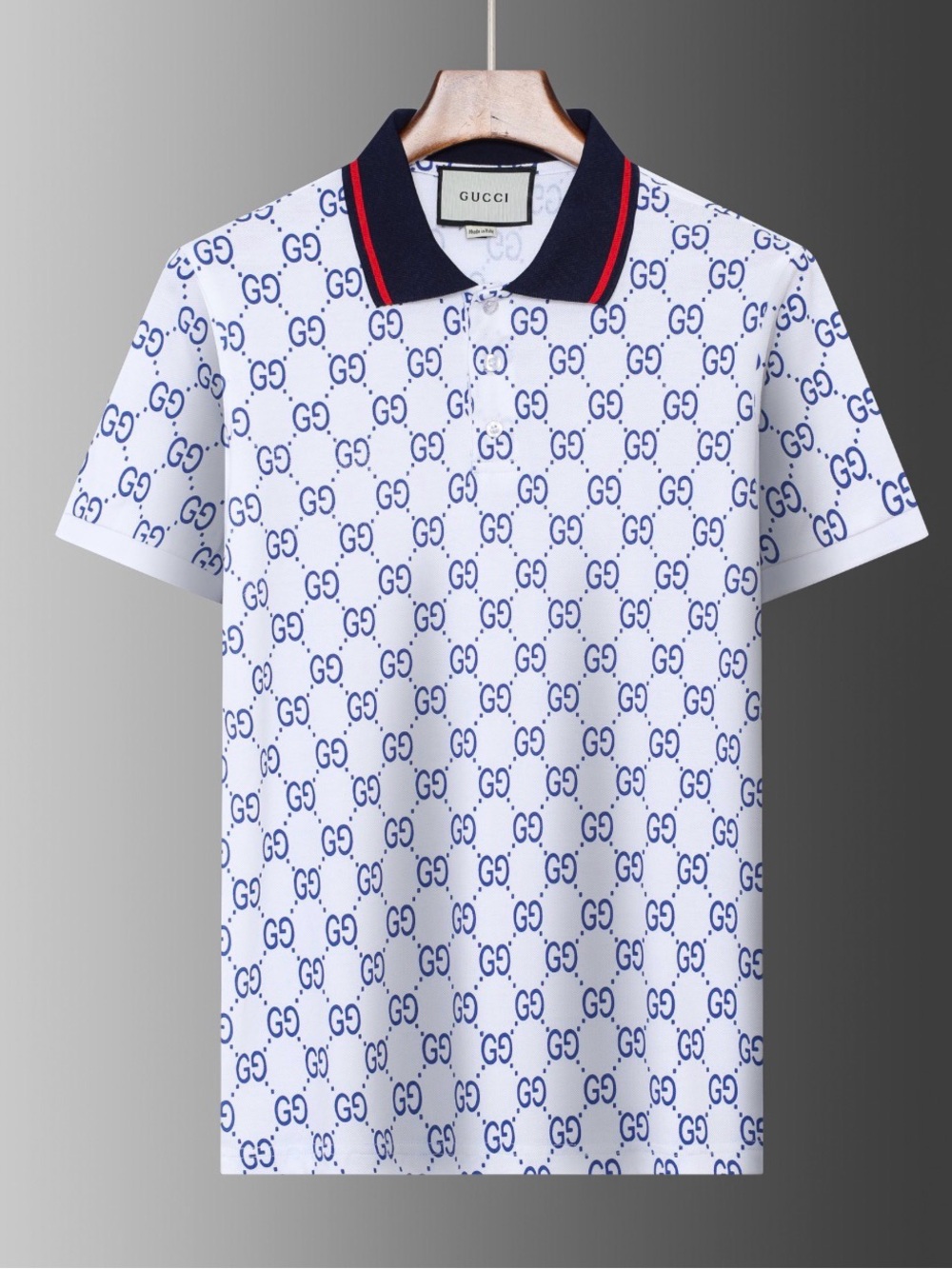 Gucci White Polo with Navy GG Pattern and Navy Collar
